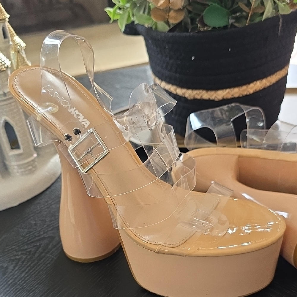 Fashion Nova Nude Platform Heels with Clear Straps - Picture 3 of 5